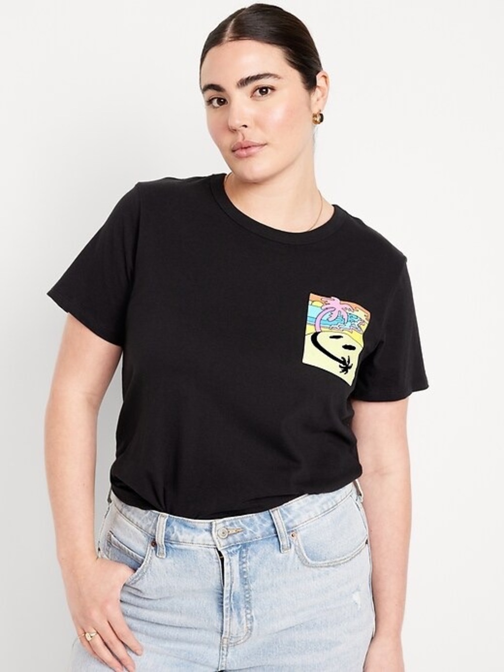 Old Navy Cotton Black EveryWear Graphic T-Shirt Happy Face Short Sleeve Crew Tee